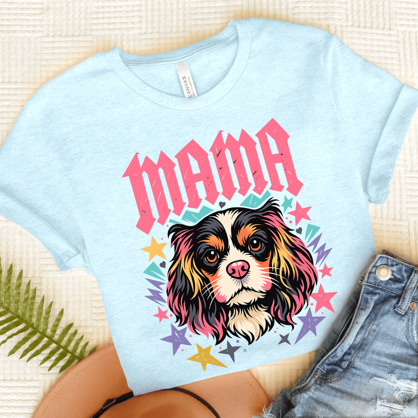 Personalized Cavalier Rocker Mama Unisex TShirt Heather Ice Blue