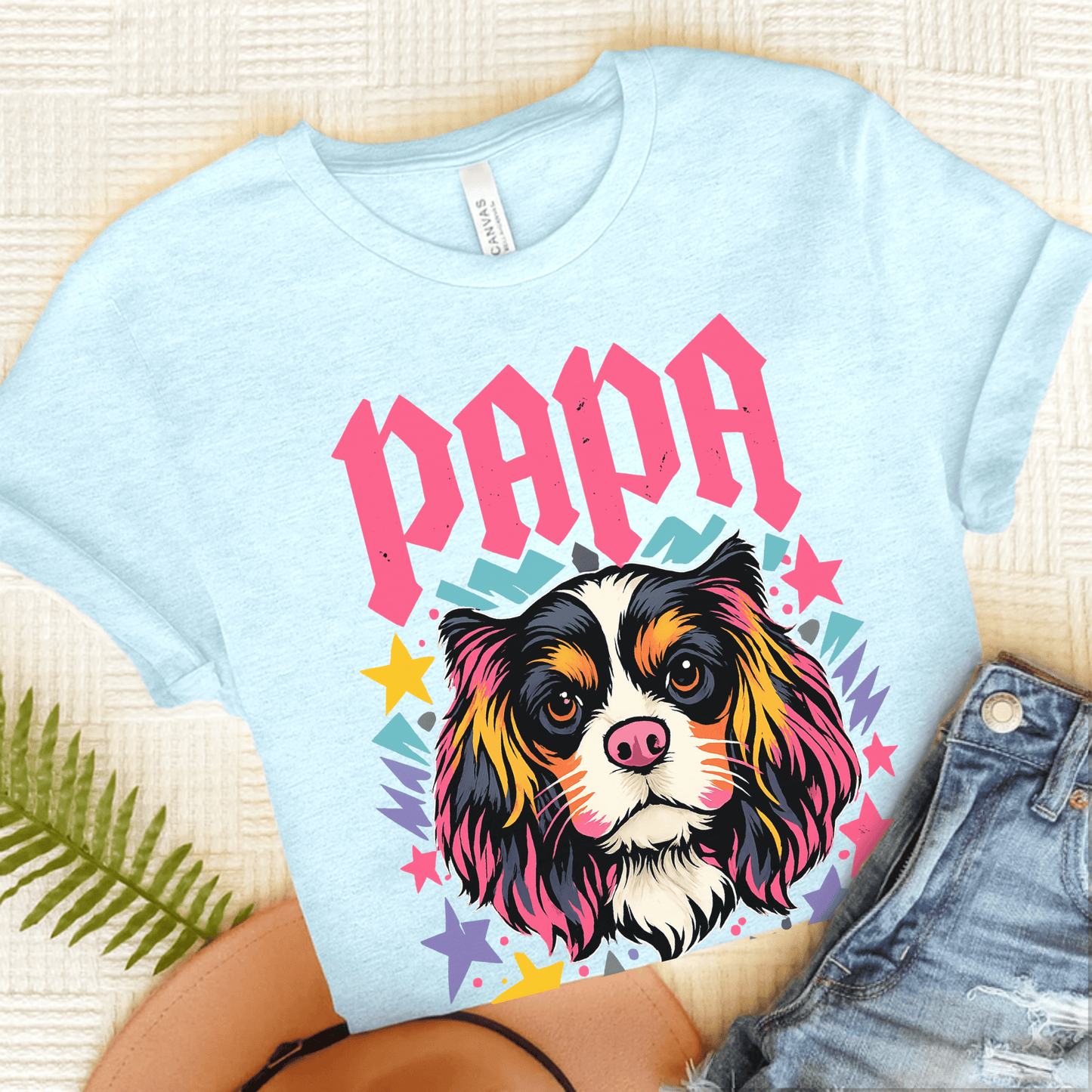 Personalized Cavalier Rocker Papa Unisex TShirt Heather Ice Blue