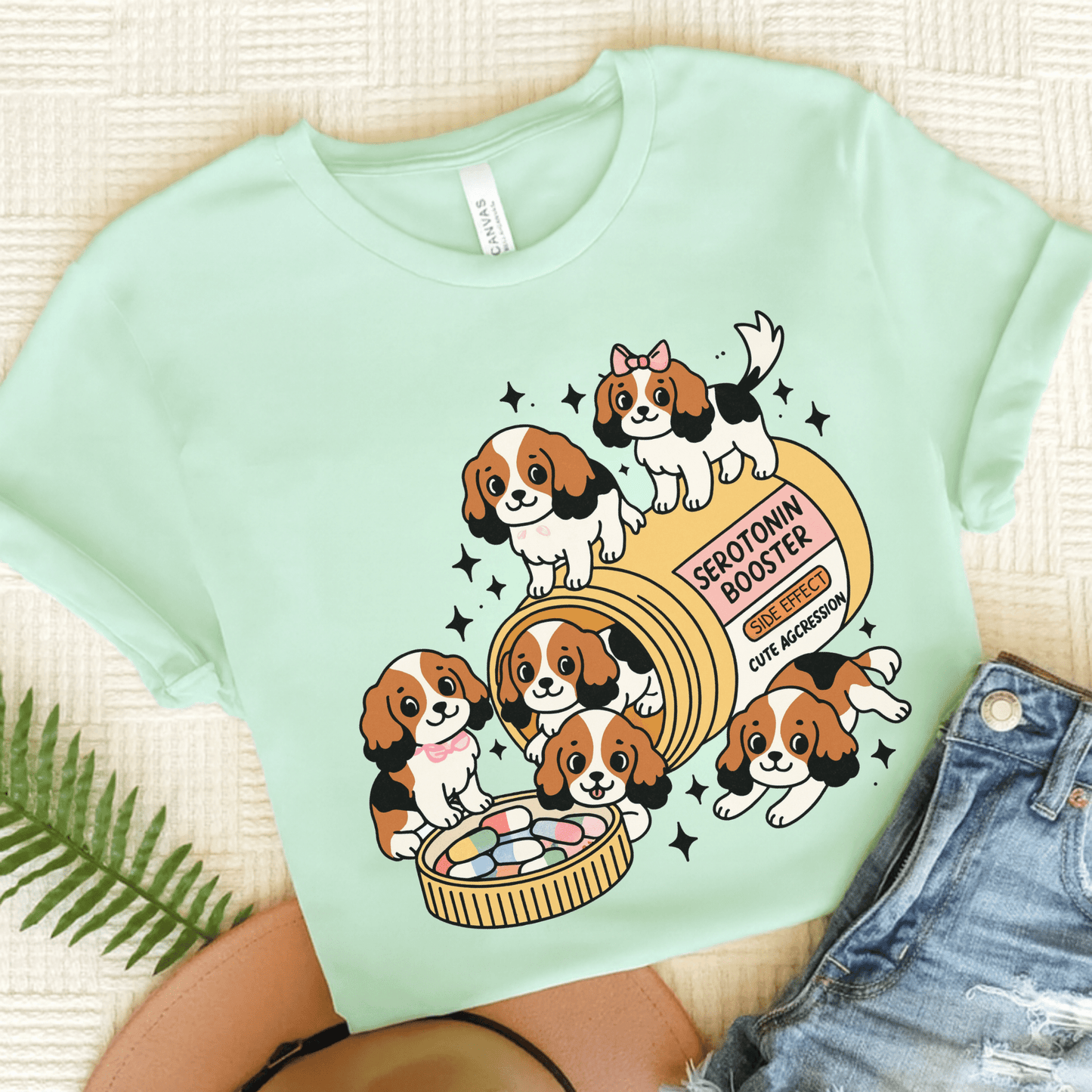 Tricolor Cavalier King Charles Serotonin Tee Heather Mint