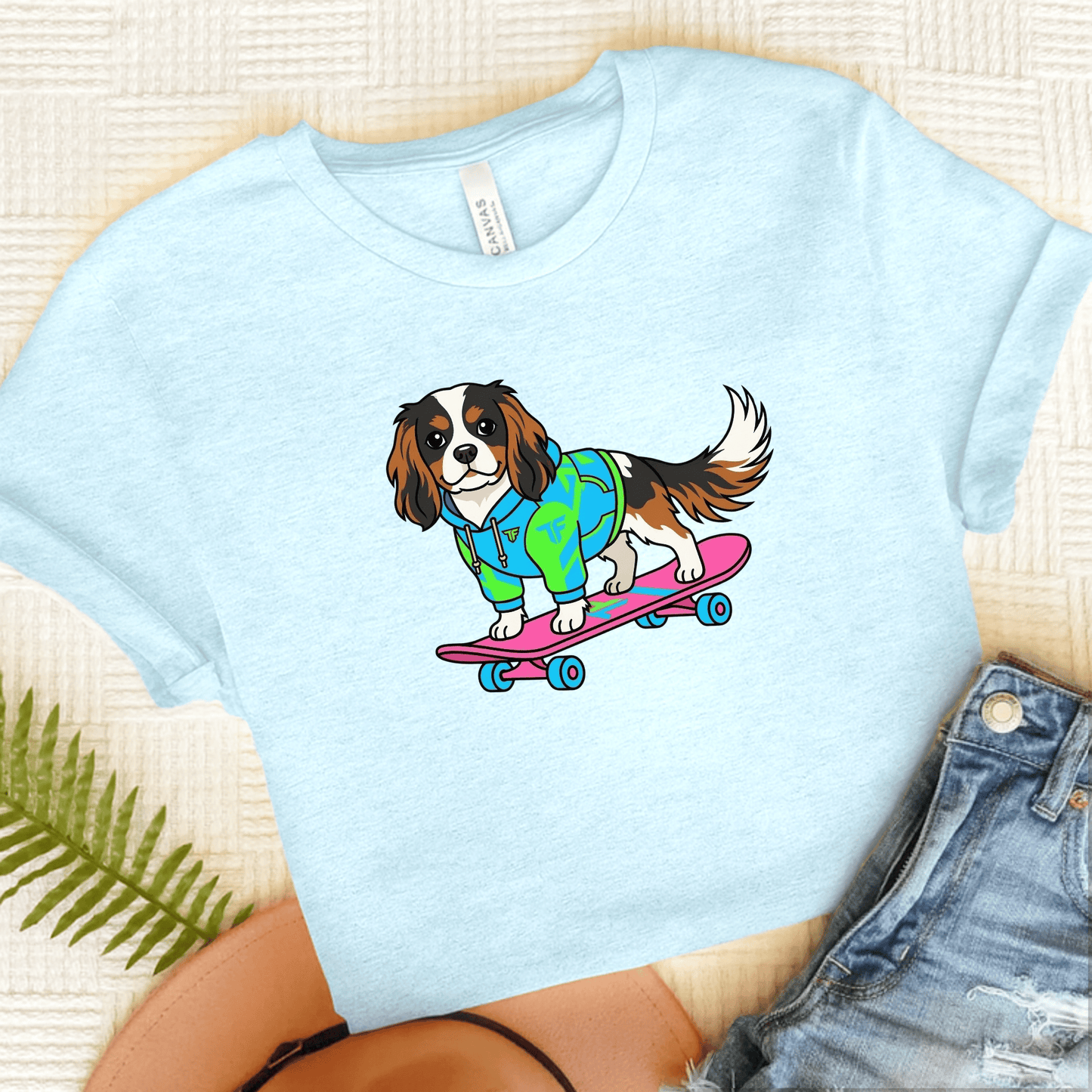Personalized Cavalier Skateboard Unisex TShirt Heather Ice Blue