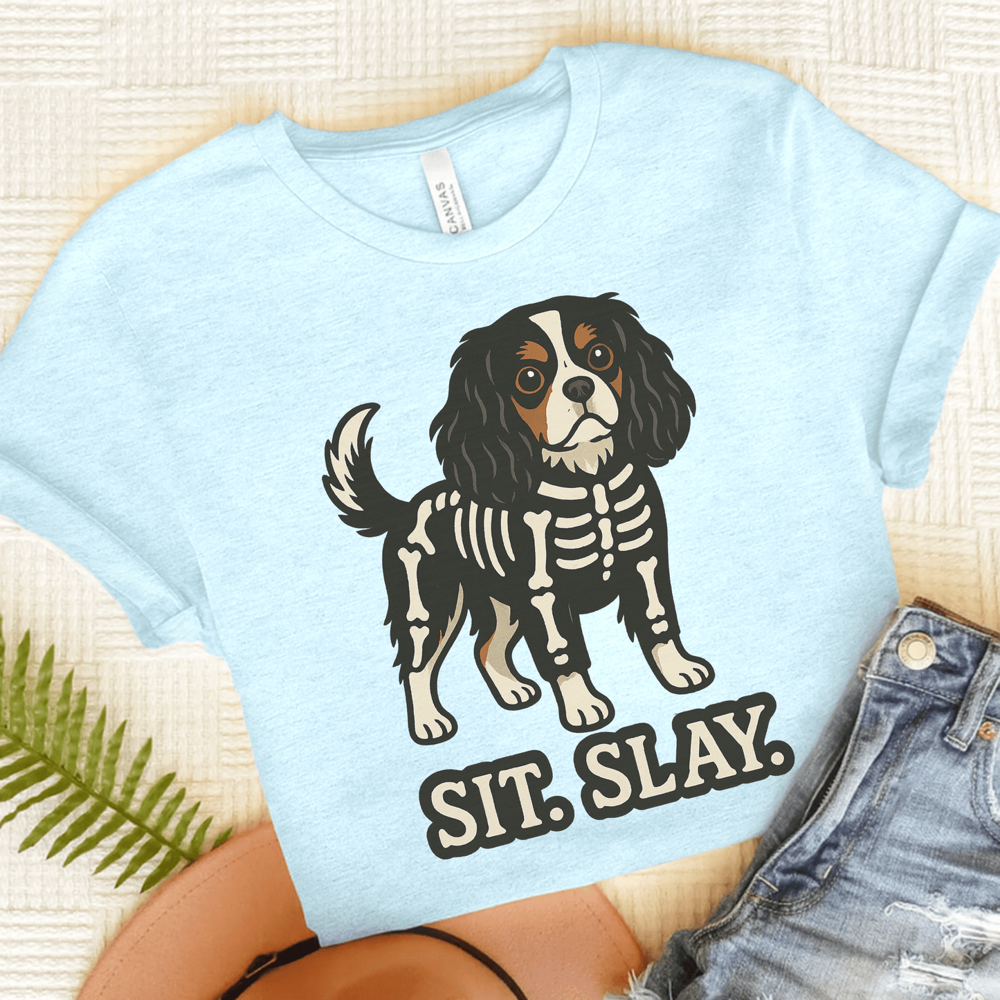 Printify T-Shirt Heather Ice Blue / S Tricolor Cavalier King Charles Stay. Slay. Halloween TShirt