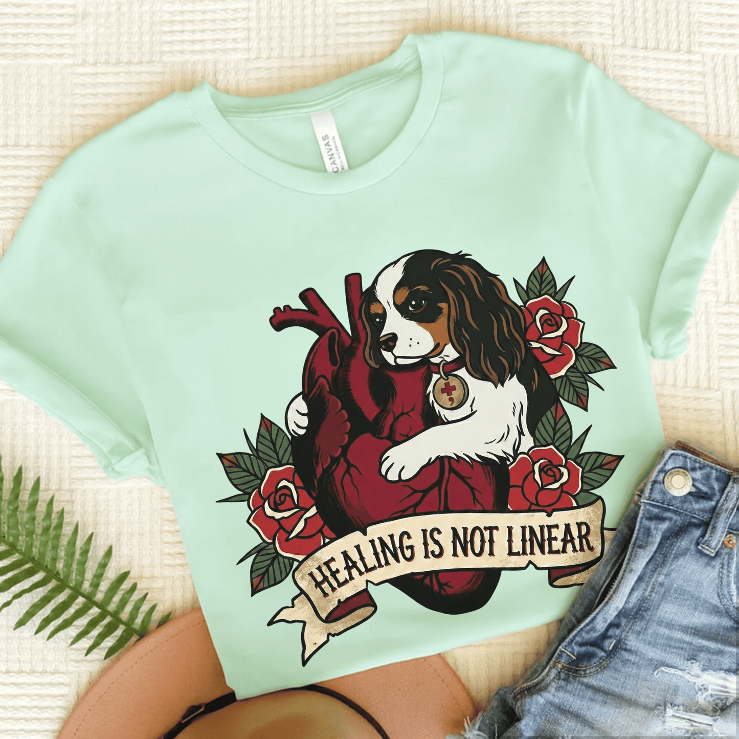 Tricolor Cavalier Linear Healing Mental Health Unisex TShirt Heather Mint