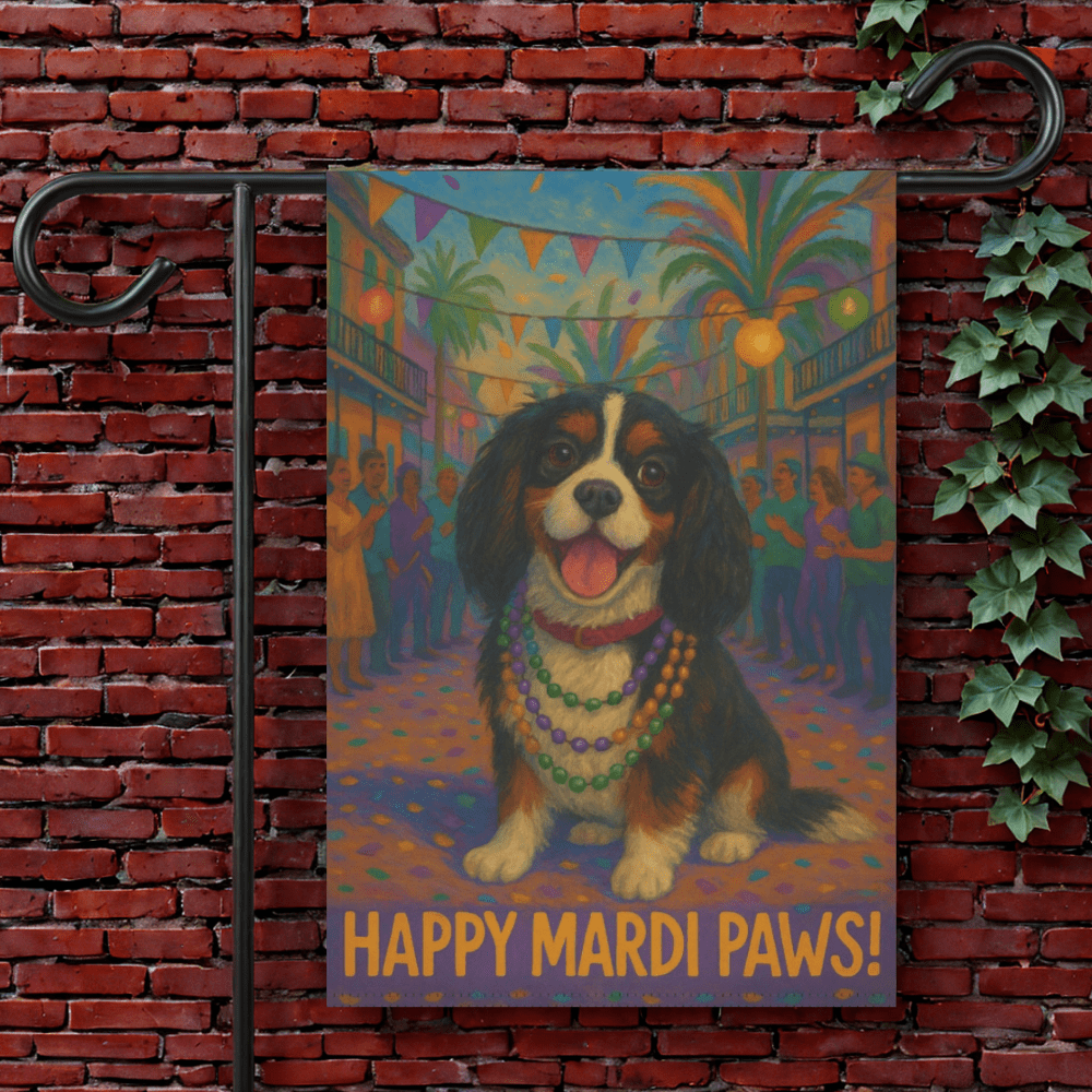 Tricolor Cavalier Mardi Paws Garden Flag 12'' × 18''