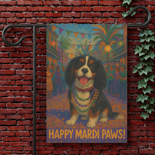 Tricolor Cavalier Mardi Paws Garden Flag 12'' × 18''