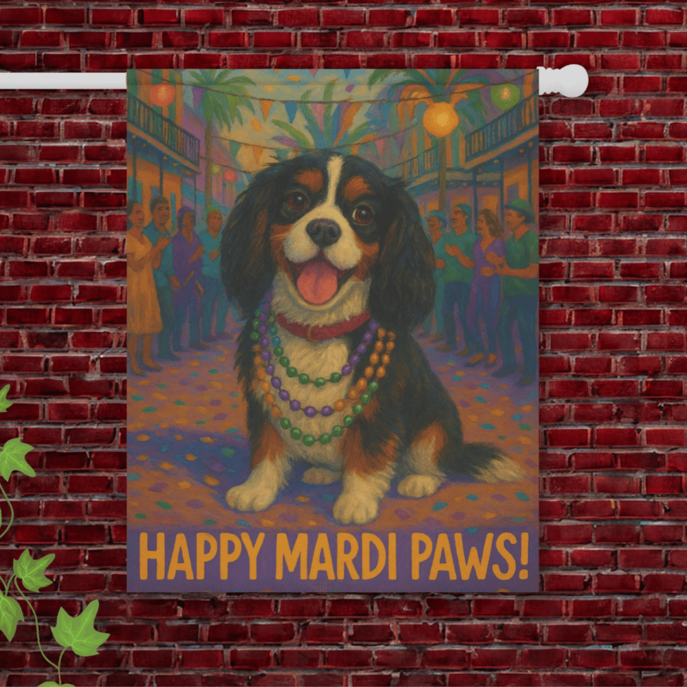 Tricolor Cavalier Mardi Paws Garden Flag 24.5'' × 32''