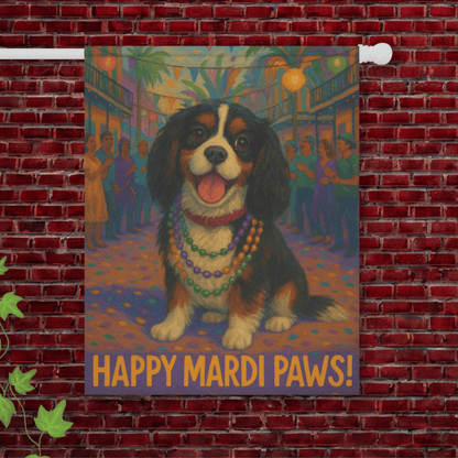Tricolor Cavalier Mardi Paws Garden Flag 24.5'' × 32''
