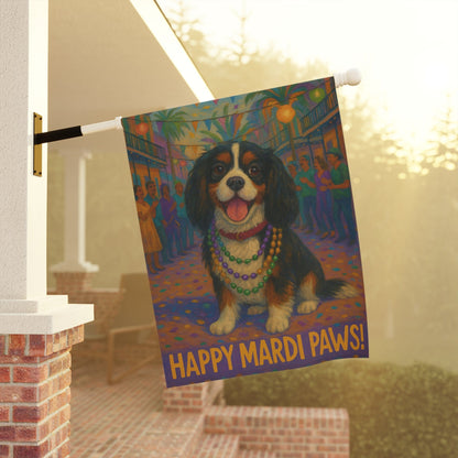 Tricolor Cavalier Mardi Paws Garden Flag