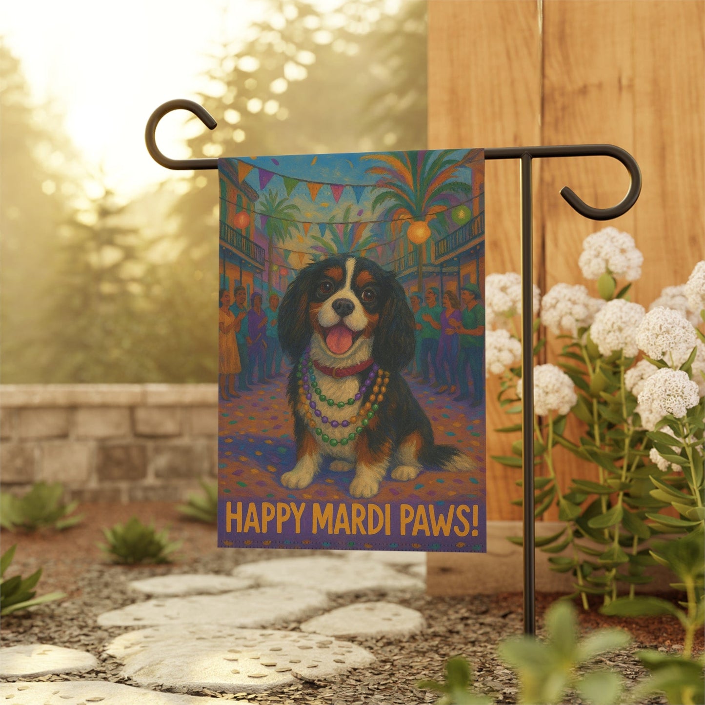 Tricolor Cavalier Mardi Paws Garden Flag
