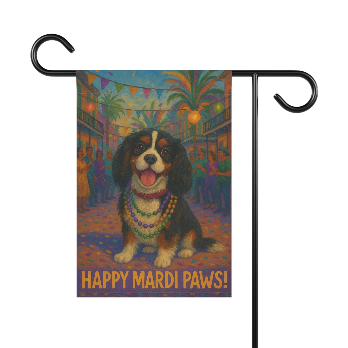 Tricolor Cavalier Mardi Paws Garden Flag