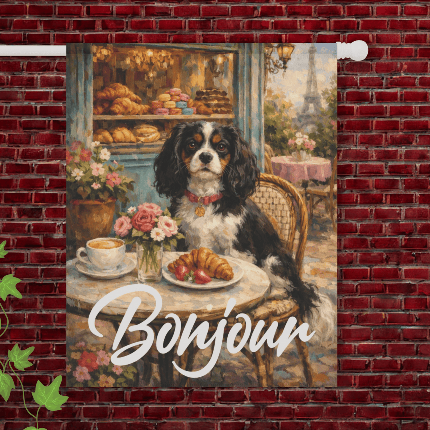 Personalized Cavalier Paris Pastries Garden Flag 24.5'' × 32''