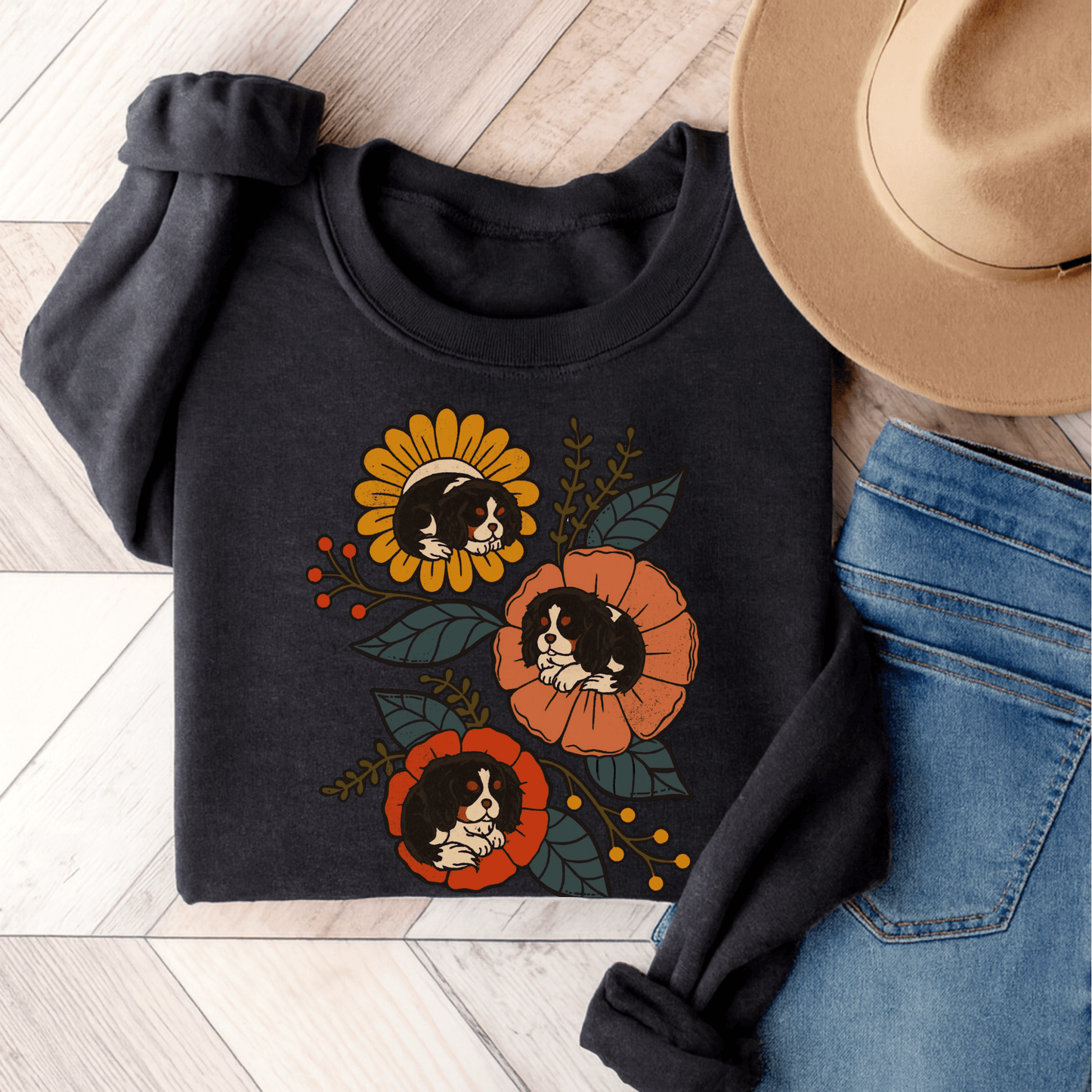 Tricolor Cavalier Sleeping Flowers Sweatshirt Dark Heather