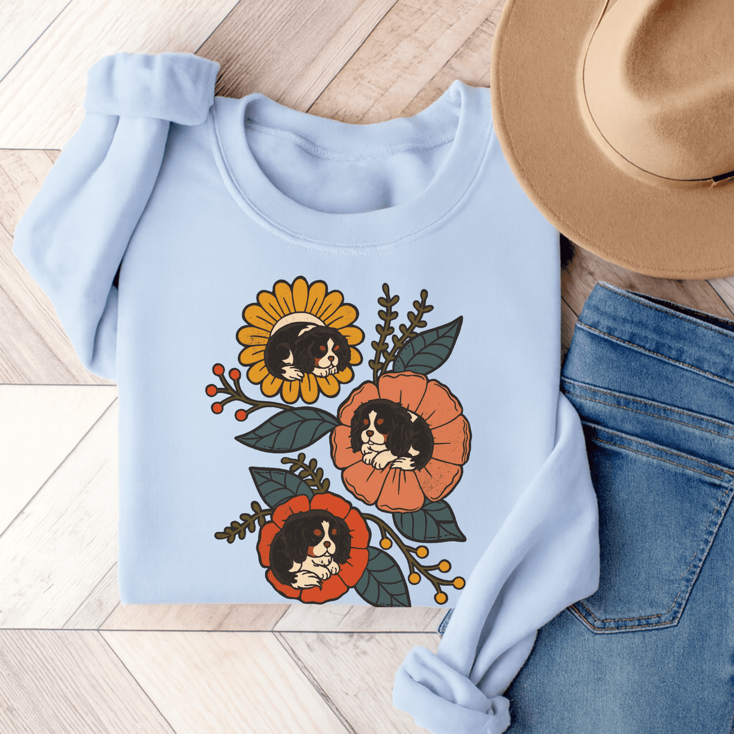Tricolor Cavalier Sleeping Flowers Sweatshirt Light Blue
