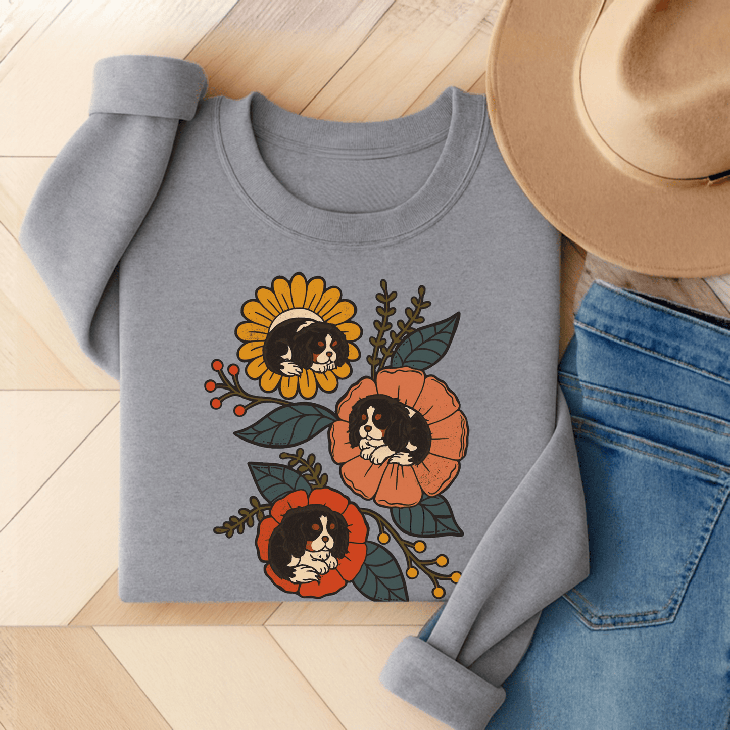 Tricolor Cavalier Sleeping Flowers Sweatshirt Sport Grey