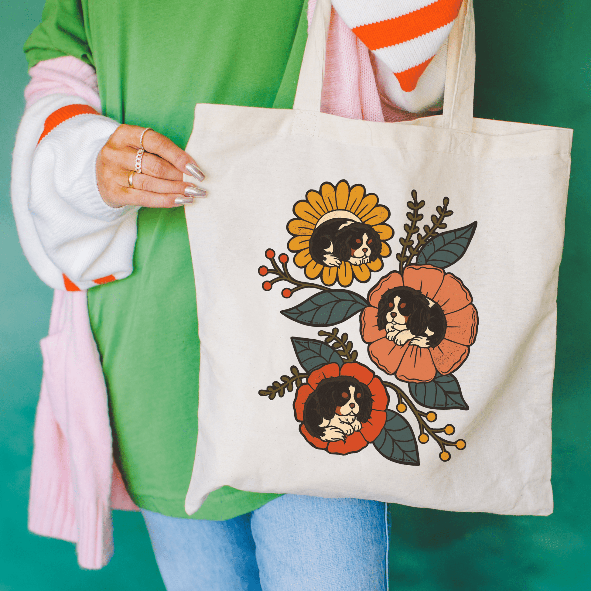 Tricolor Cavalier Sleeping Flowers Tote Bag Natural 15" x 16"