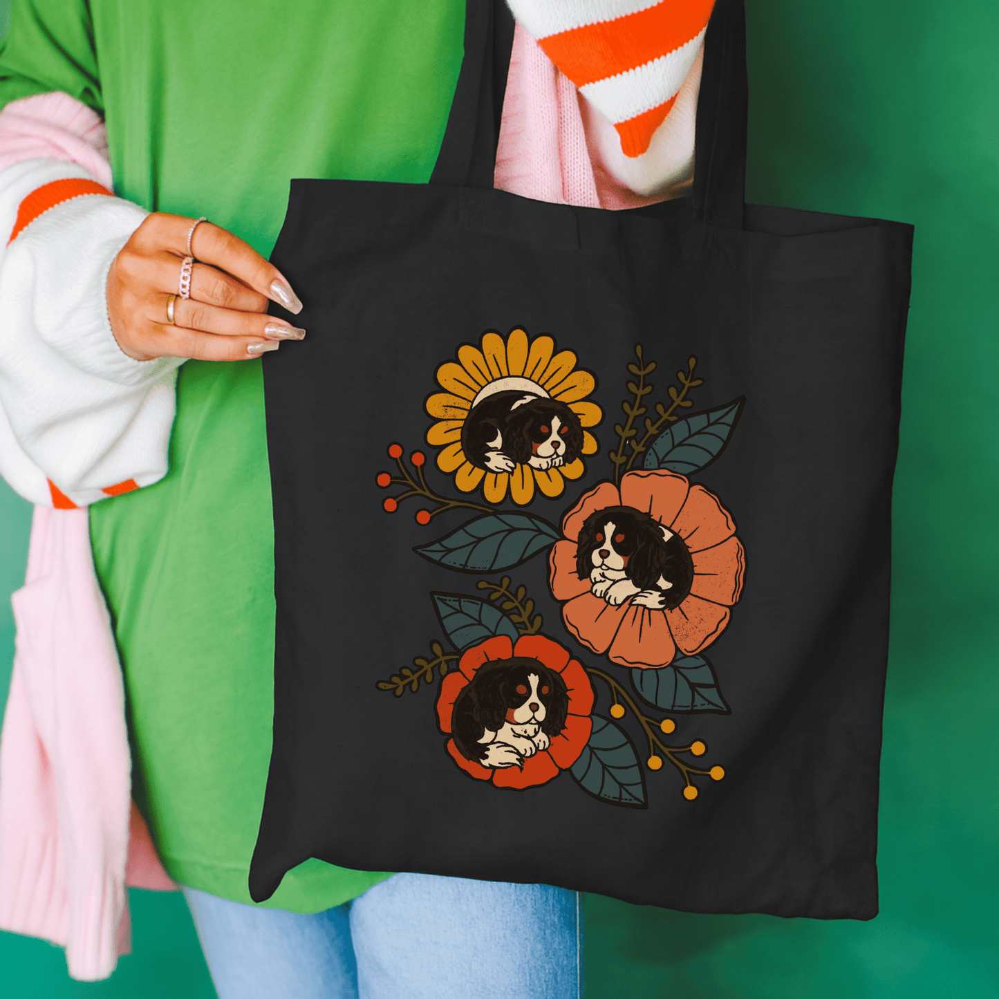 Tricolor Cavalier Sleeping Flowers Tote Bag Black 15" x 16"