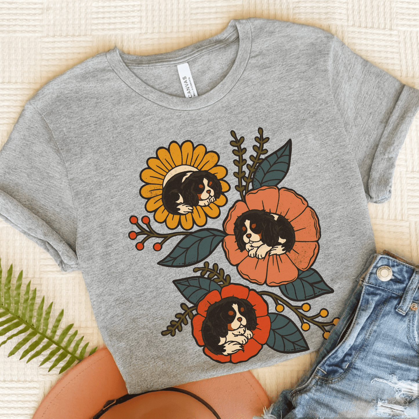 Tricolor Cavalier Sleeping Flowers Tshirt Athletic Heather