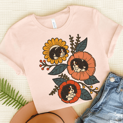 Tricolor Cavalier Sleeping Flowers Tshirt Soft Pink