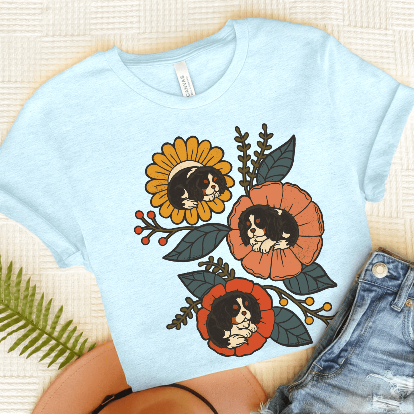 Tricolor Cavalier Sleeping Flowers Tshirt Heather Ice Blue