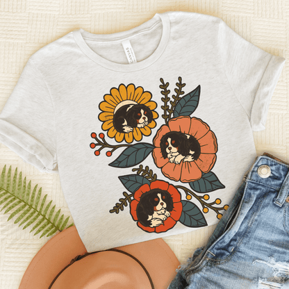 Tricolor Cavalier Sleeping Flowers Tshirt Ash