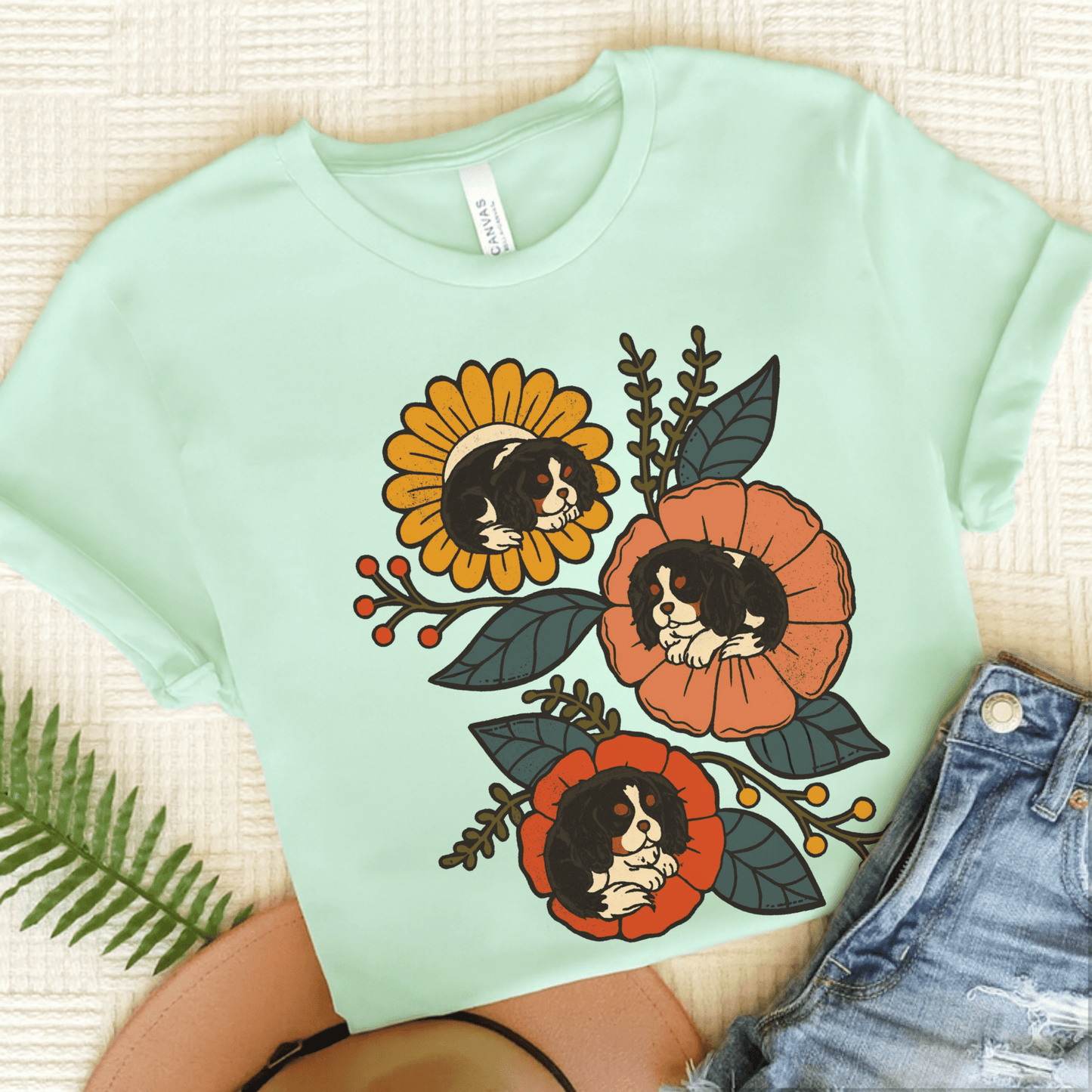 Tricolor Cavalier Sleeping Flowers Tshirt Heather Mint