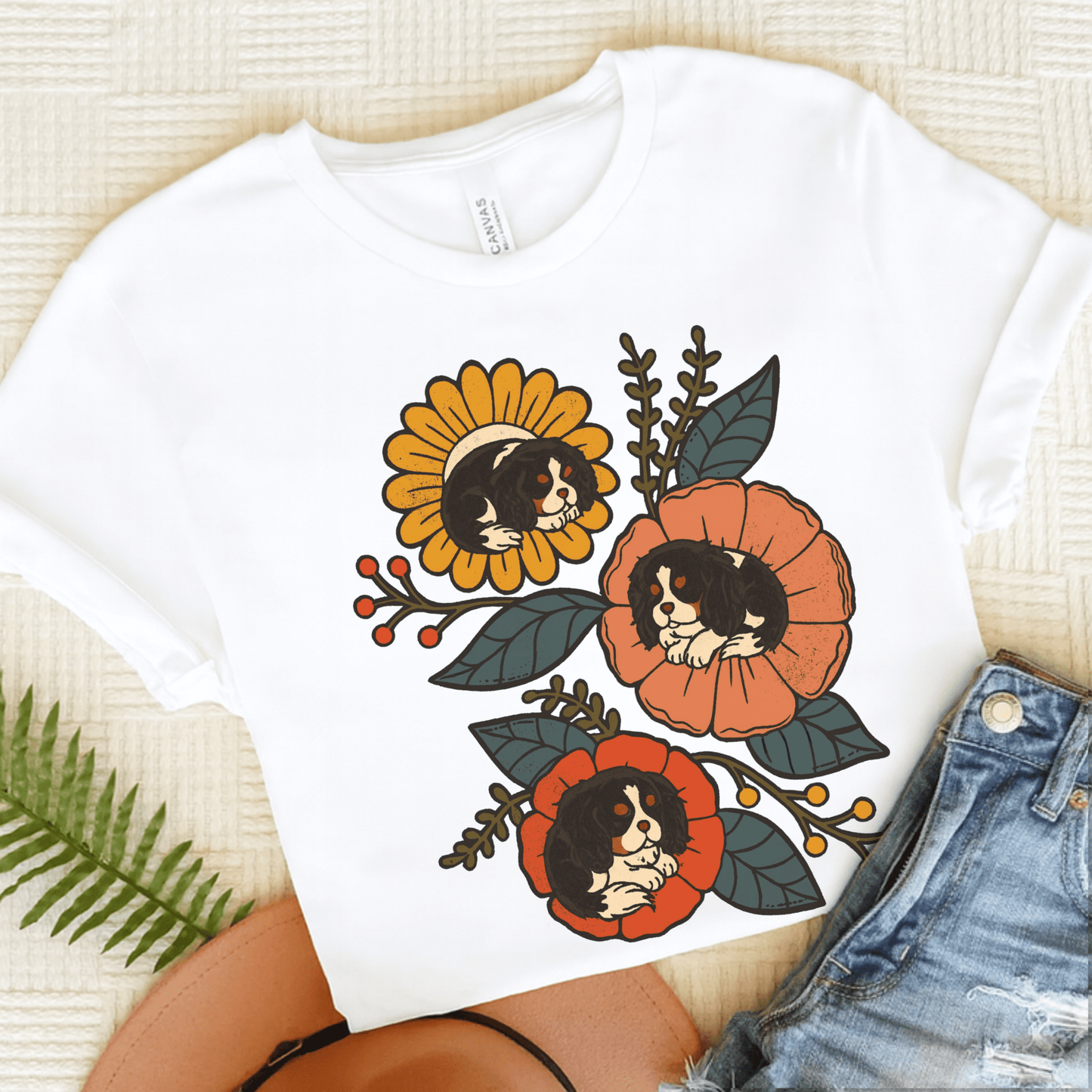 Tricolor Cavalier Sleeping Flowers Tshirt White