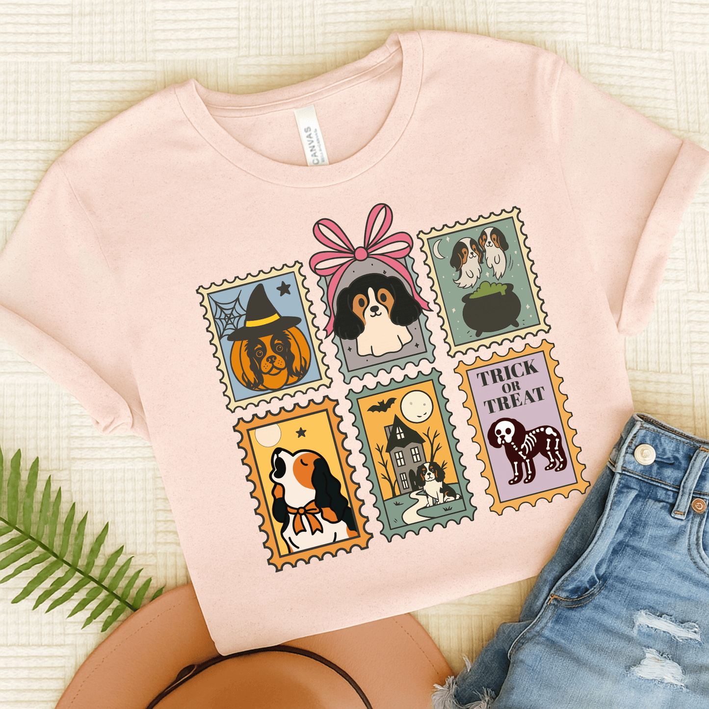 Tricolor Cavalier Spooky Stamps TShirt Soft Pink