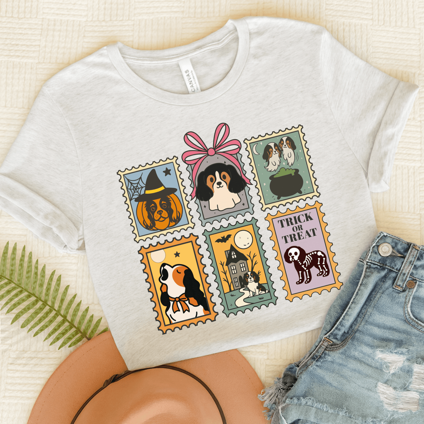 Tricolor Cavalier Spooky Stamps TShirt Ash