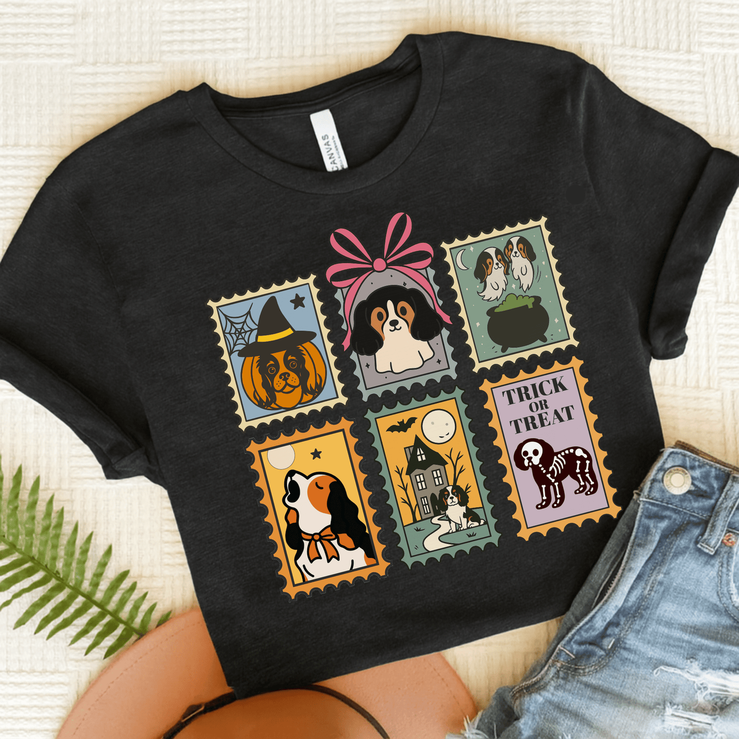 Tricolor Cavalier Spooky Stamps TShirt Black Heather