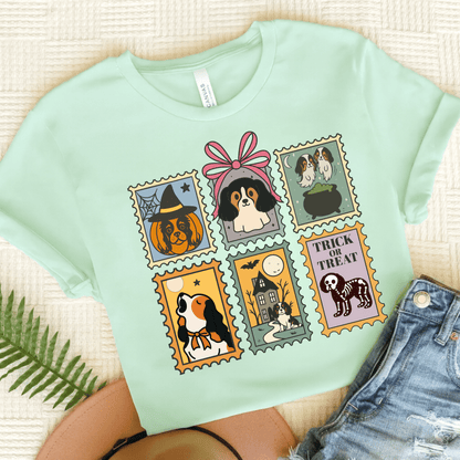 Tricolor Cavalier Spooky Stamps TShirt Heather Mint