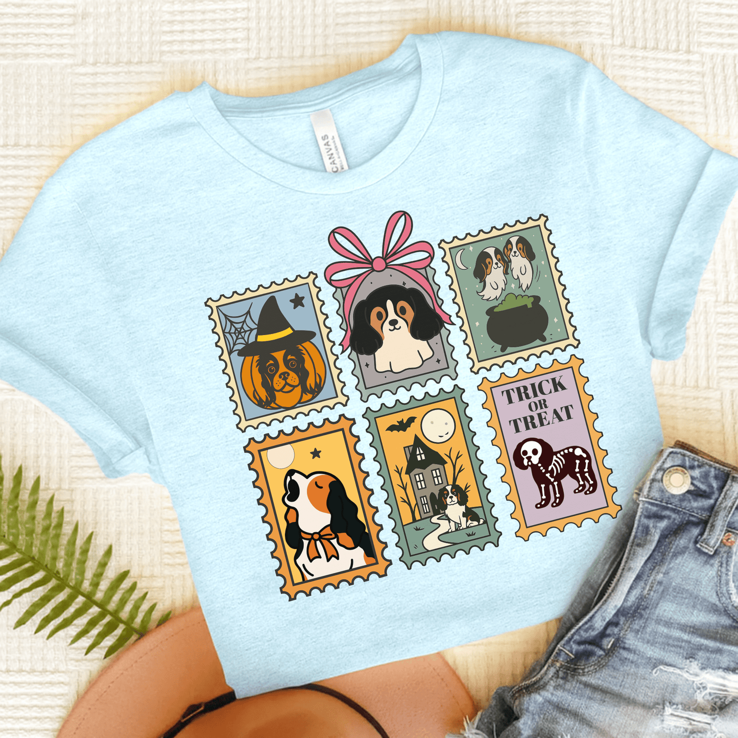 Tricolor Cavalier Spooky Stamps TShirt Heather Ice Blue