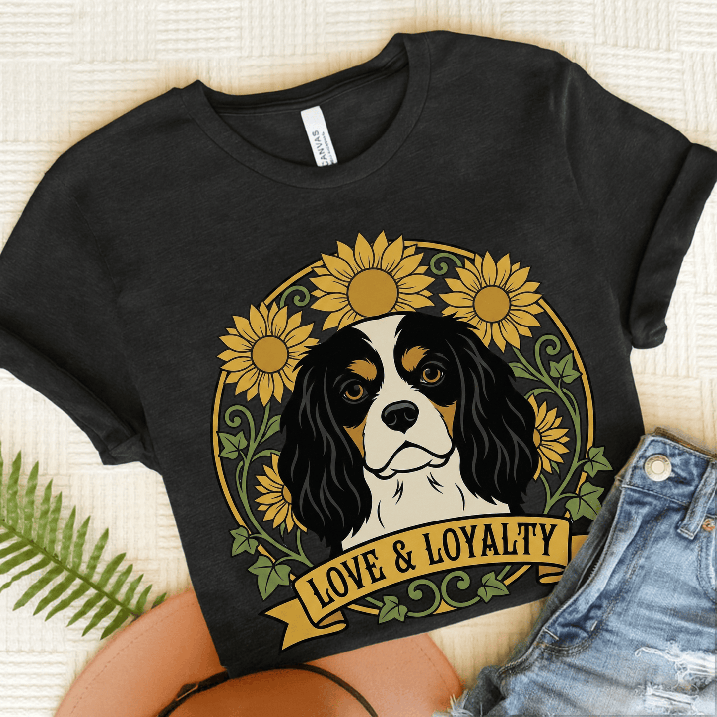 Personalized Cavalier Sunflowers Unisex TShirt Dark Grey Heather