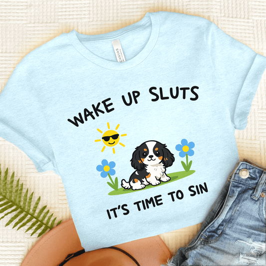 Personalized Cavalier Wake Up Unisex TShirt Heather Ice Blue