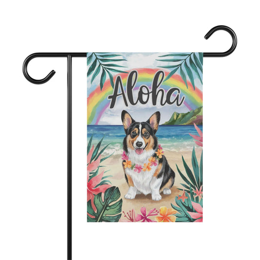 Printify Home Decor 12'' × 18'' Tricolor Corgi Cardigan Hawaii Garden Flag, Aloha Luau Party Decorations, Tropical Hawaiian