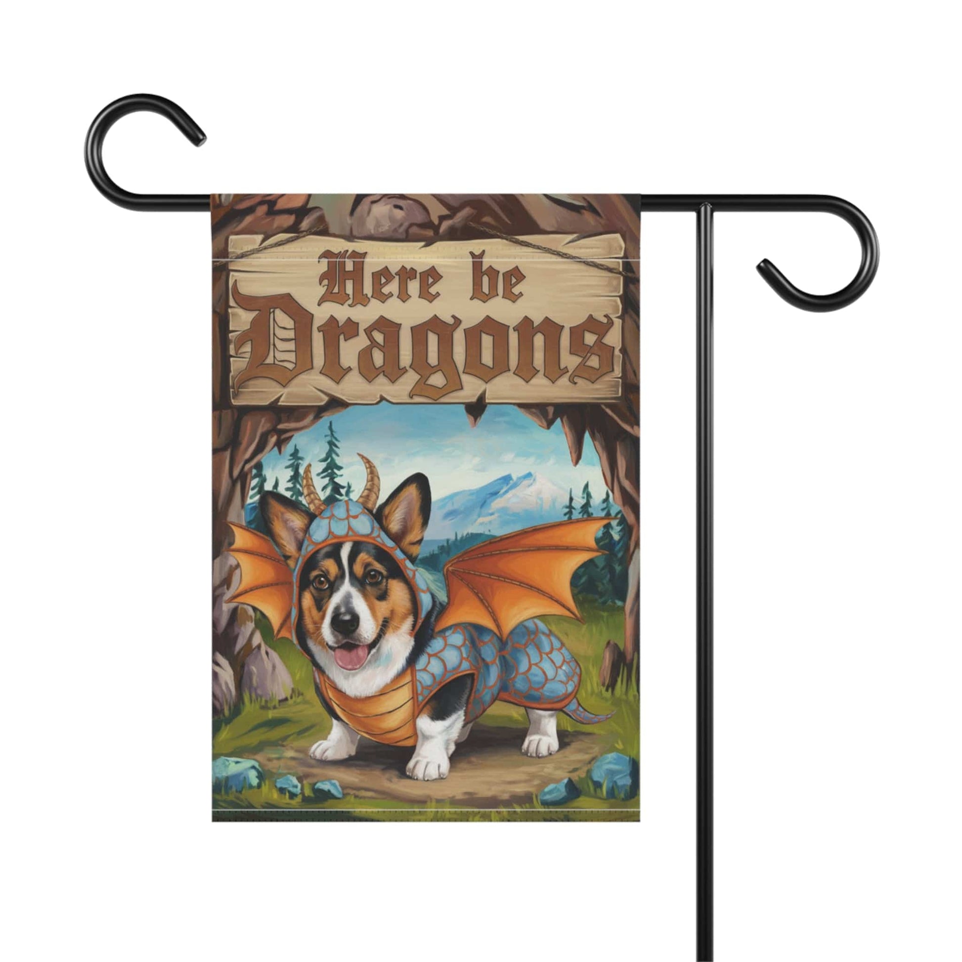 Printify Home Decor Tricolor Corgi Dog Dragon, Garden Flag, Fantasy Pet Adventure, Halloween Housewarming
