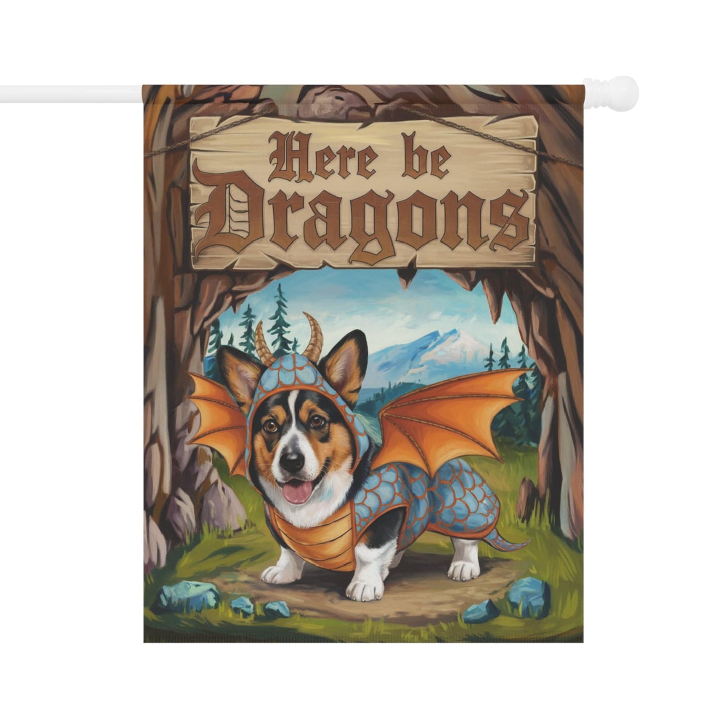 Printify Home Decor 24.5'' × 32'' Tricolor Corgi Dog Dragon, Garden Flag, Fantasy Pet Adventure, Halloween Housewarming
