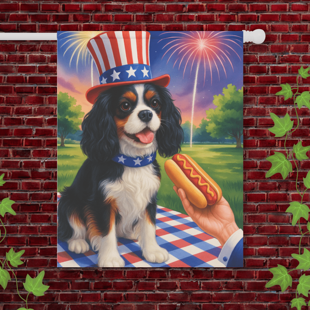 Printify Garden Flag 24.5'' × 32'' Tricolor King Charles Cavalier 4th of July Garden Flag