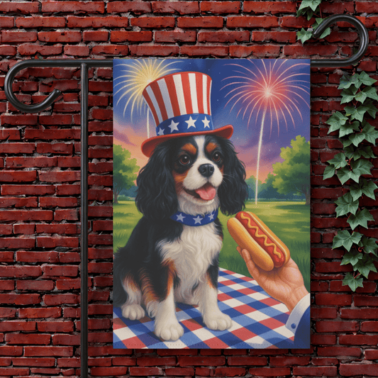 Printify Garden Flag 12'' × 18'' Tricolor King Charles Cavalier 4th of July Garden Flag