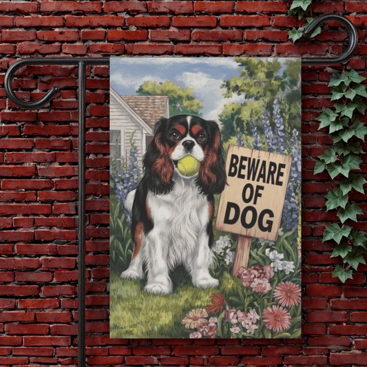 Printify Garden Flag Tricolor King Charles Cavalier Beware Garden Flag