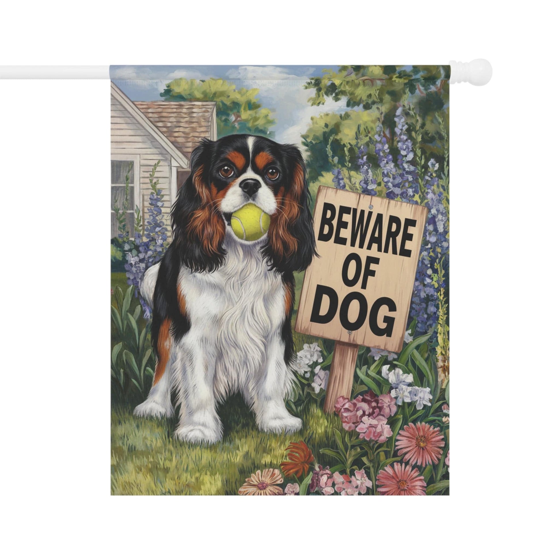 Printify Garden Flag 24.5'' × 32'' Tricolor King Charles Cavalier Beware Garden Flag