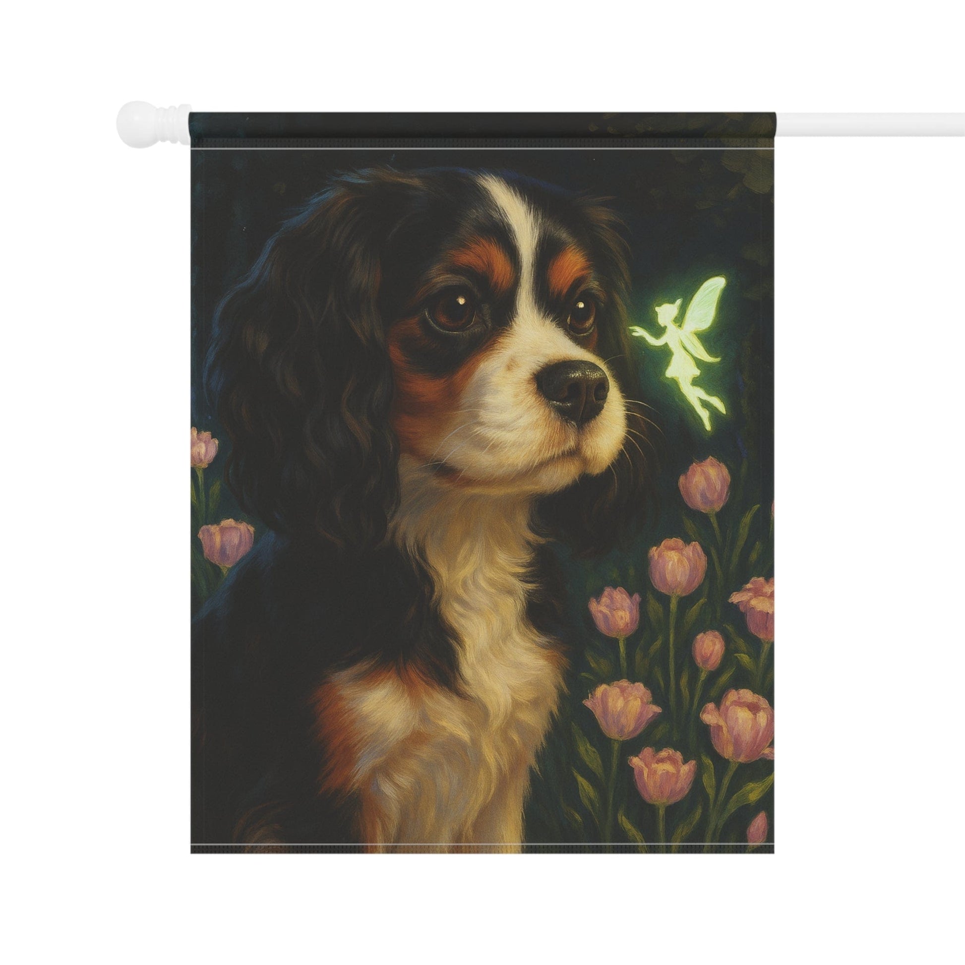 Printify Garden Flag Tricolor King Charles Cavalier Fairy Garden Flag