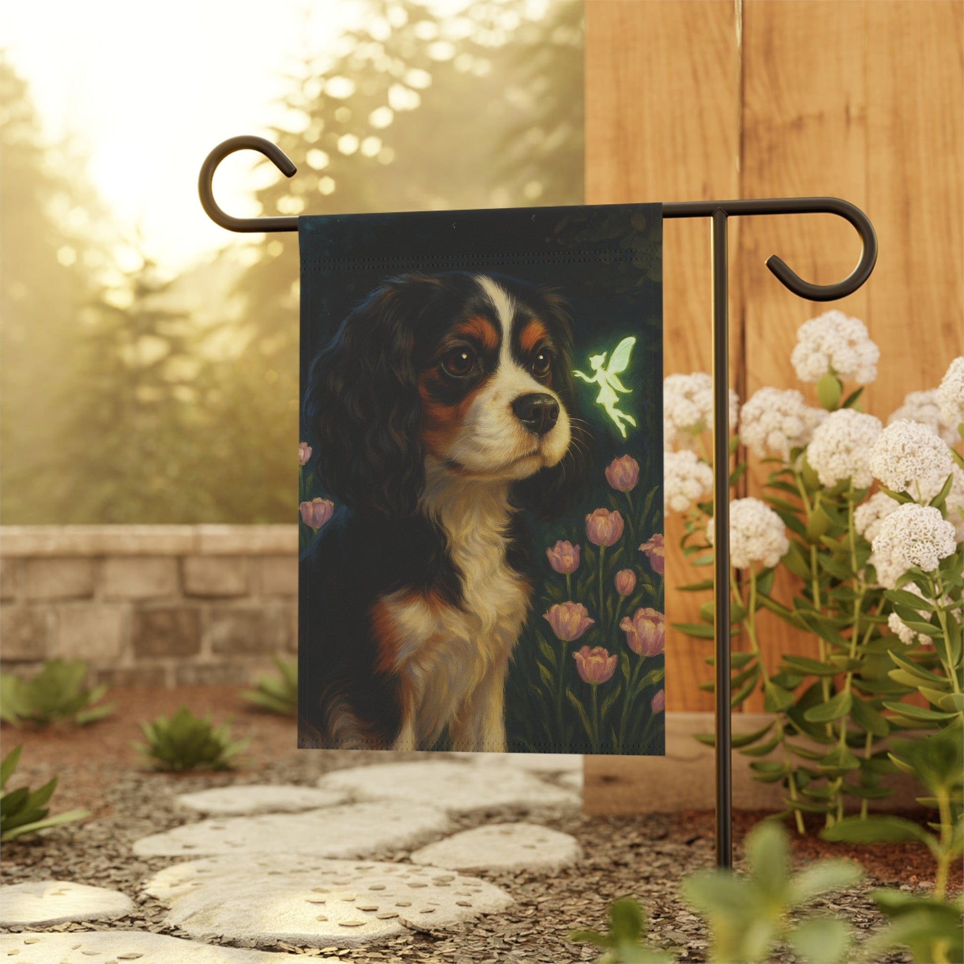Printify Garden Flag Tricolor King Charles Cavalier Fairy Garden Flag