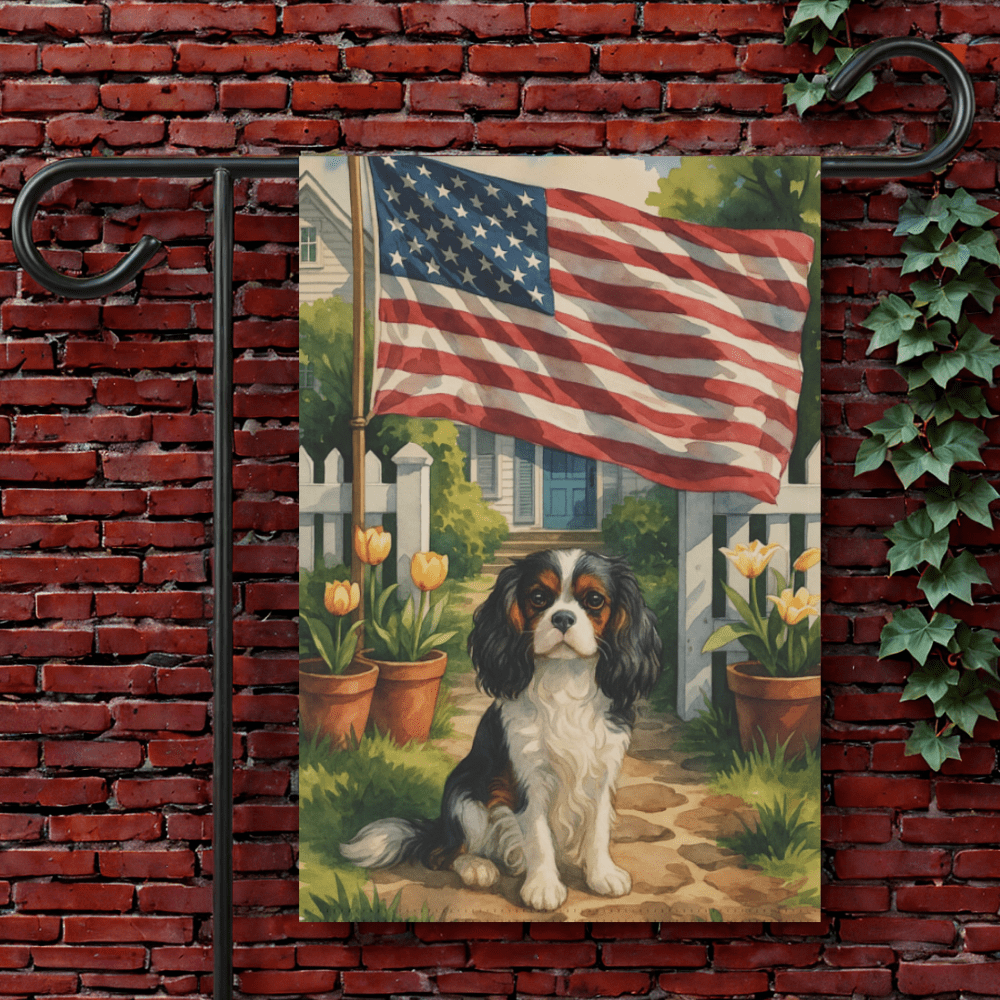 Printify Garden Flag 12'' × 18'' Tricolor King Charles Cavalier Spaniel America Garden Flag
