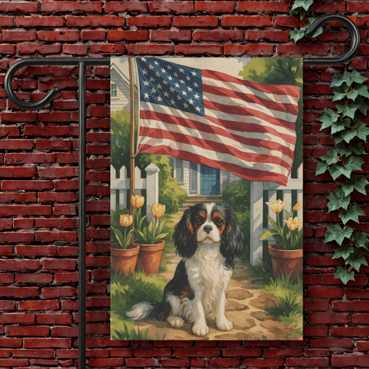 Printify Garden Flag 12'' × 18'' Tricolor King Charles Cavalier Spaniel America Garden Flag