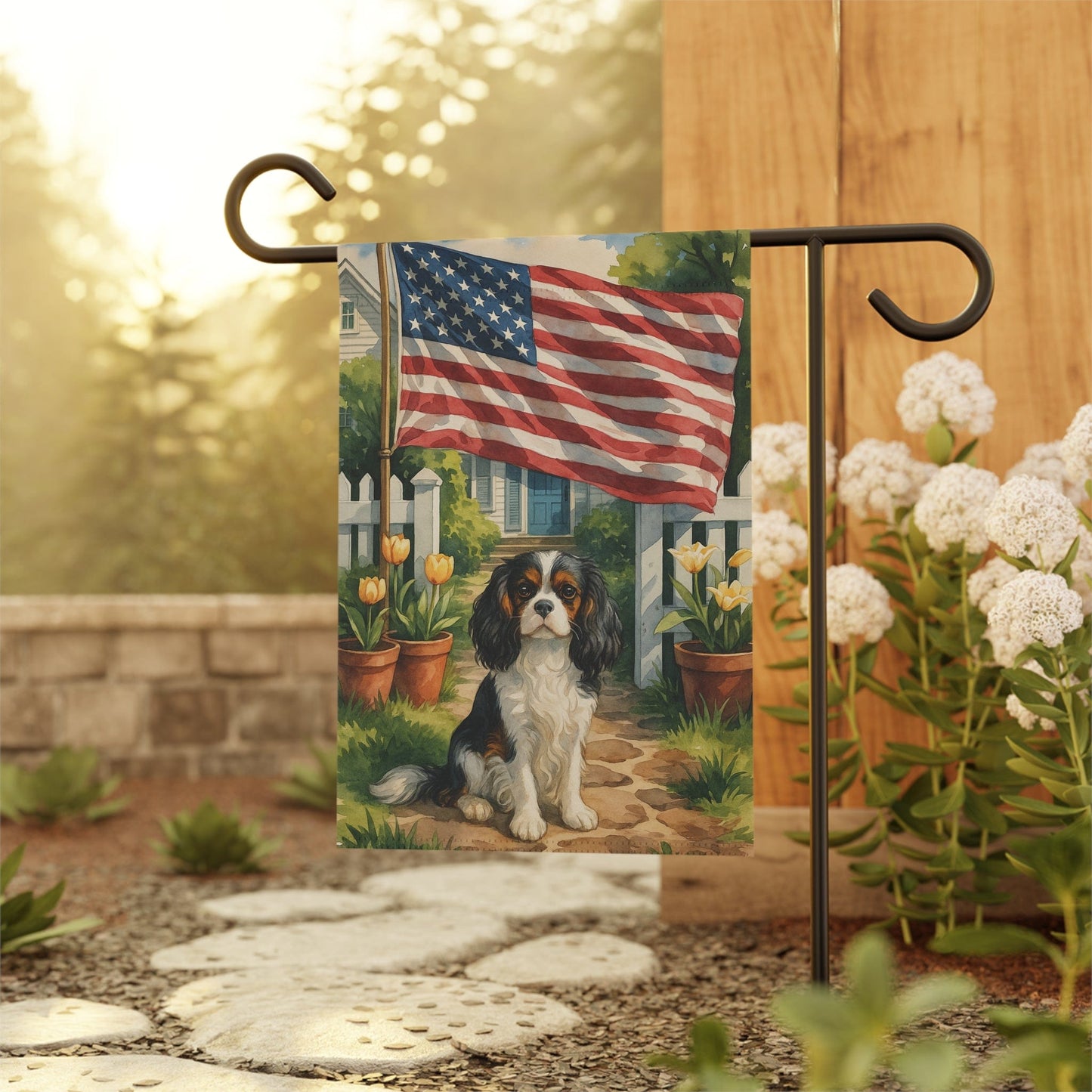 Printify Garden Flag Tricolor King Charles Cavalier Spaniel America Garden Flag