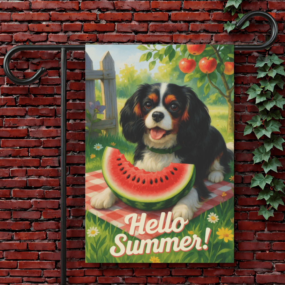 Printify Garden Flag 12'' × 18'' Tricolor King Charles Cavalier Watermelon Garden Flag