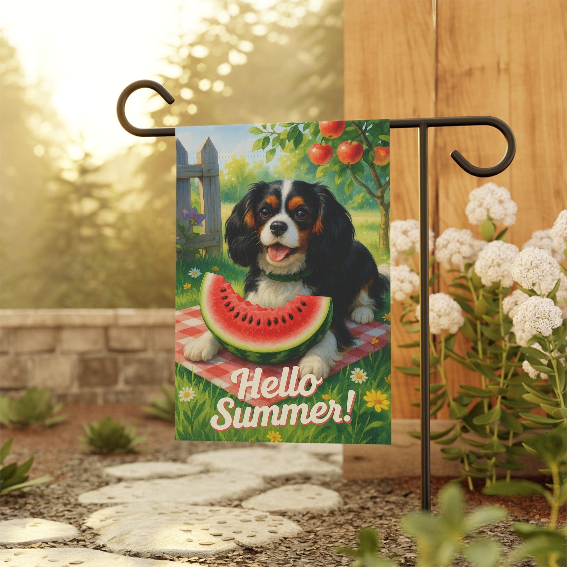 Printify Garden Flag Tricolor King Charles Cavalier Watermelon Garden Flag