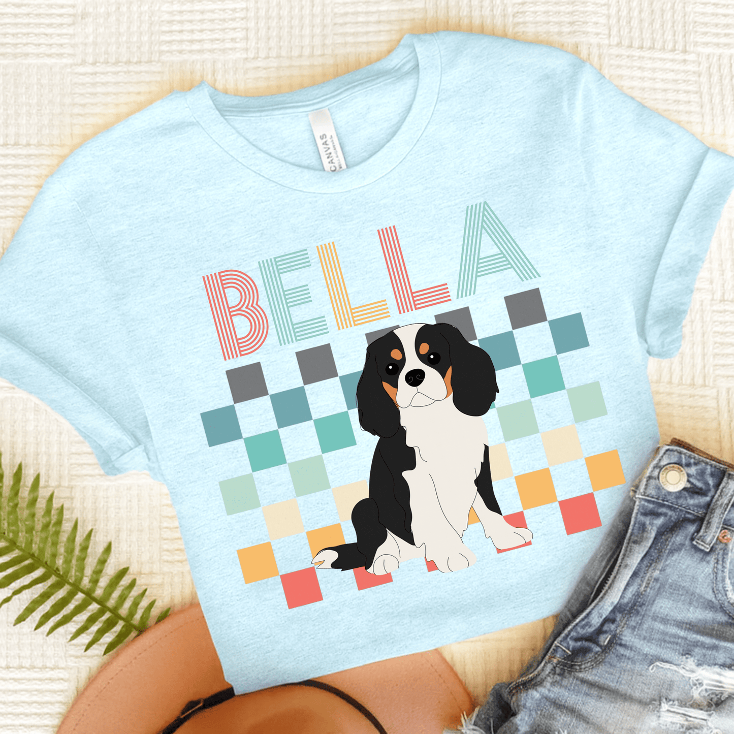 Printify T-Shirt Heather Ice Blue / S Tricolor King Charles Checkered Tee