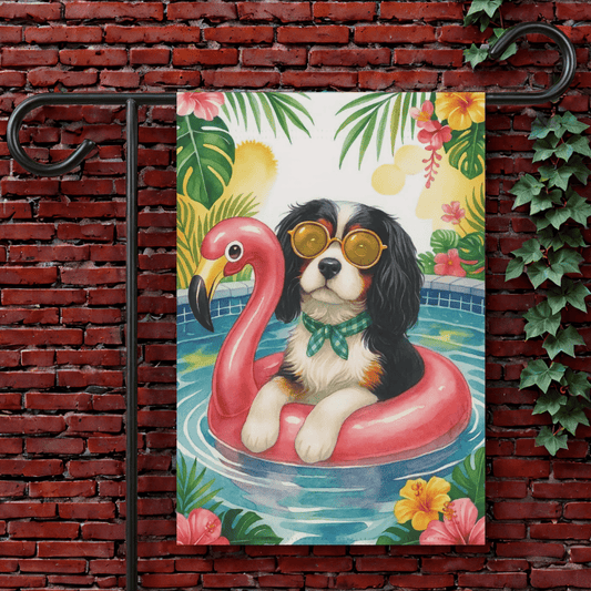 Printify Garden Flag 12'' × 18'' Tricolor King Charles Flamingo Garden Flag
