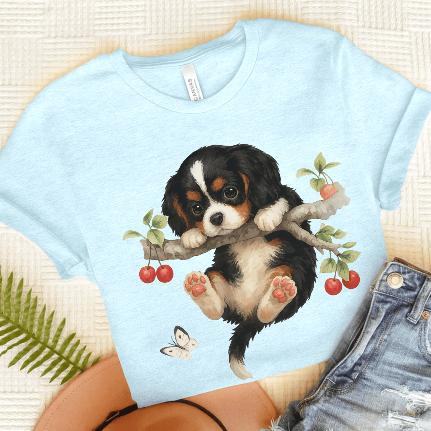 Printify T-Shirt Heather Ice Blue / S Tricolor King Charles Hang In There Tshirt