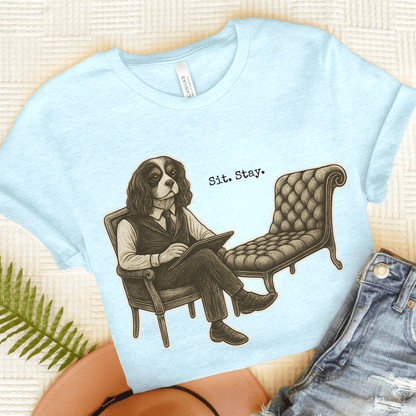 Printify T-Shirt Heather Ice Blue / S Tricolor King Charles Sit Stay TShirt